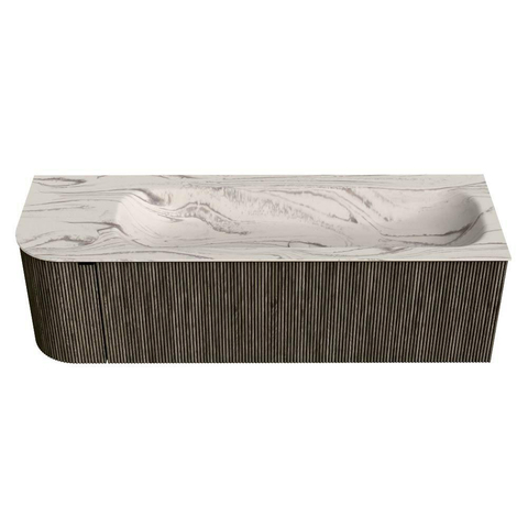 MONDIAZ KURVE-DLUX Meuble de salle de bains 145cm arrondi à gauche couleur Shadow avec 1 tiroir et 1 porte. Vasque BIG LARGE à droite sans trou de robinet Nata. SW1432300