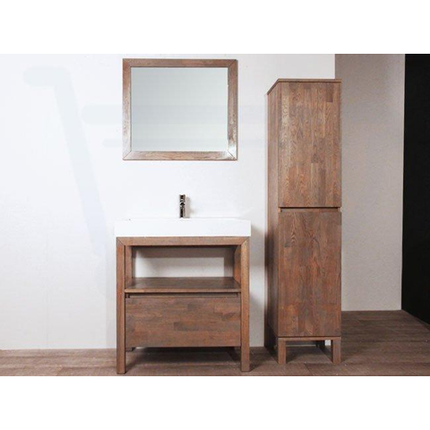 Saniclass Natural Wood Meuble avec armoire miroir 80cm Grey Oak avec vasque Blanche 1trou pour robinetterie SW8052