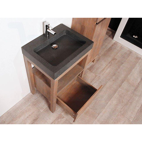 Saniclass Natural Wood Set de meubles 80cm Grey Oak avec lavabo en pierre naturelle Black Spirit 1 trou pour robinetterie sans miroir SW9155