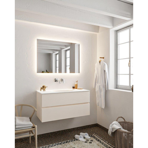 MONDIAZ VICA Ensemble de meuble salle de bain - 100cm - 2 tiroirs - lavabo Moon central - 0 trous de robinet - solid surface lin SW410938