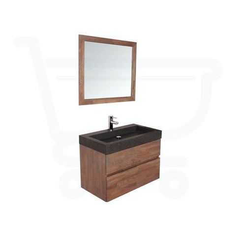 Saniclass Natural Wood Meuble salle de bain avec miroir 80cm suspendu Grey Oak avec vasque en pierre naturelle Black Spirit 1 trou pour robinetterie SW8950