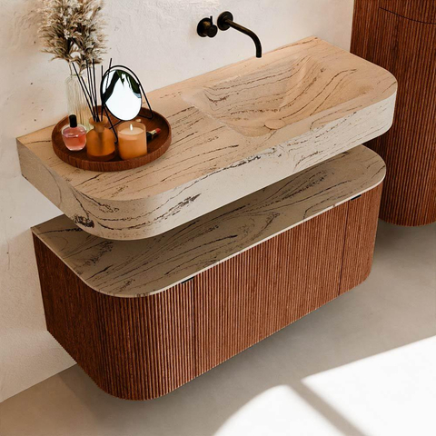 MONDIAZ THOR-DLUX 110cm meuble de salle de bains arrondi gauche + droite couleur Ruby avec 1 tiroir et 2 portes. Vasque suspendue CLOUD droite sans trou de robinet couleur Arena. SW1462904