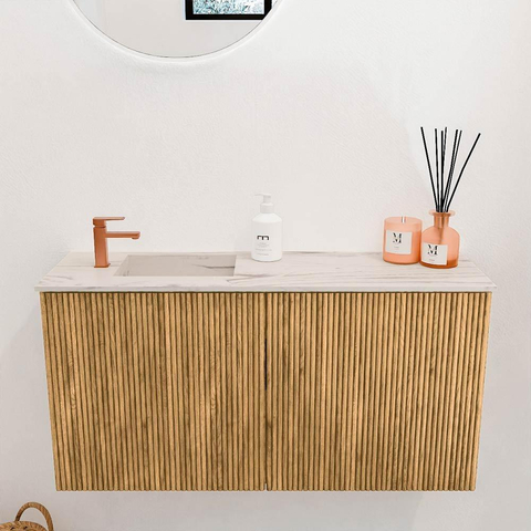 Mondiaz JOYA-DLUX 80cm toiletmeubel - kleur Oak - Wastafel FAYE positie Links 1 kraangat kleur Nata. SW1424018