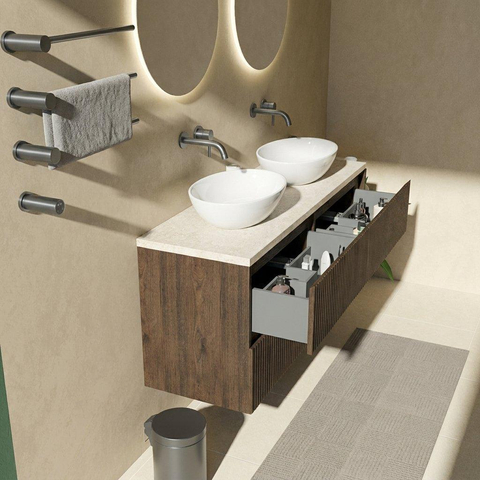 Saniclass Holz Atelier Badkamermeubelset - 140x45x63cm - Travertine natuurstenen topblad - zonder kraangat - 4 lades - mat eiken charcoal (hout) SW1478892