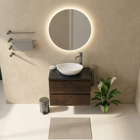 Saniclass Holz Pure Badkamermeubelset - 80x45x63cm - Noche basalten wastafelblad gepolijst (zwart) - 1 kraangat - 2 lades - mat eiken charcoal (hout) SW1478553