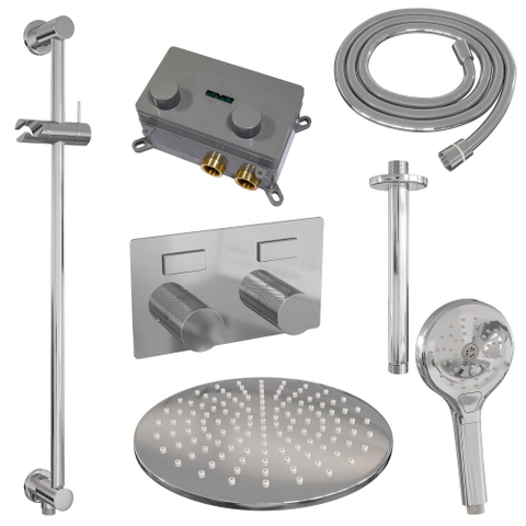 BRAUER Chrome Carving Douche de tête thermostatique encastrée - boutons-poussoirs - SET 72 - douche de tête 30cm - bras de plafond - douchette 3 jets - flexible de douche - barre de douche intégrée - chromé SW925529