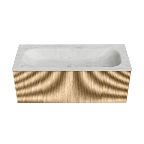 MONDIAZ KURVE-DLUX Meuble de salle de bains 110 cm couleur Oak avec 1 tiroir. Lavabo BIG MEDIUM central sans trou de robinet couleur Opalo. SW1137581