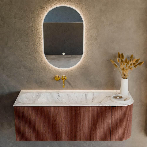 Mondiaz KURVE-DLUX Ensemble de meuble de salle de bains - 125x46x40cm - 1 tiroir - 1 porte - lavabo solid surface - gauche - sans trou de robinet - Ruby SW1415818