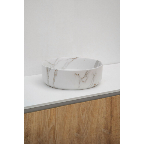 Riho Marmic Round Waskom 34.6x34.6x11.4cm Keramiek rond marmer mat wit OUTLETSTORE STORE43468