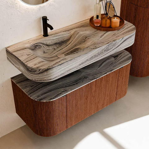 MONDIAZ THOR-DLUX Meuble de salle de bains 110cm arrondi gauche + droite couleur Ruby avec 1 tiroir et 2 portes. Vasque suspendue CLOUD Gauche 1 trou de robinet couleur Sombra. SW1463037