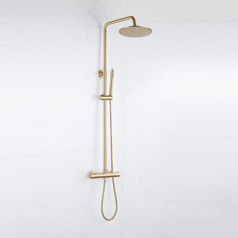 Fortifura Calvi Regendoucheset - thermostatisch - 25cm hoofddouche - metalen slang - staafhanddouche - Geborsteld Messing PVD (Goud) SW788000