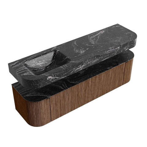 MONDIAZ THOR-DLUX 170cm meuble de salle de bains arrondi gauche + droite couleur Walnut avec 1 tiroir et 2 portes. Vasque suspendue CLOUD Gauche sans trou de robinet couleur Lava. SW1465584