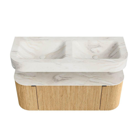 MONDIAZ THOR-DLUX 120cm meuble de salle de bains arrondi gauche + droite couleur Oak avec 1 tiroir et 2 portes. Vasque suspendue CLOUD Double sans trou de robinet couleur Ostra. SW1463078