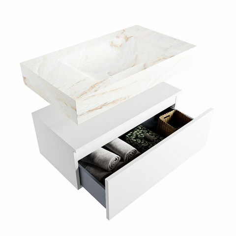 Mondiaz ALAN-DLUX Ensemble de meuble - 80cm - meuble Talc mat - 1 tiroir - Lavabo Cloud Frappe suspendu - vasque Centre - 1 trou de robinet SW805062