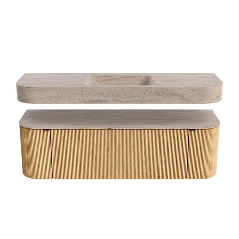MONDIAZ THOR-DLUX 150cm meuble de salle de bains arrondi gauche + droite couleur Oak avec 1 tiroir et 2 portes. Vasque suspendue CLOUD Milieu 1 trou de robinet couleur Saba. SW1464875
