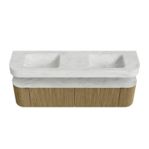 MONDIAZ THOR-DLUX 180cm meuble de salle de bains arrondi gauche + droite couleur Dusk avec 2 tiroirs et 2 portes. Vasque suspendue CLOUD Double 2 trous de robinet couleur Opalo. SW1466007