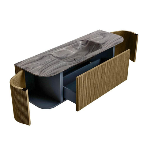 MONDIAZ KURVE-DLUX 140cm badmeubel ronding Links + Rechts kleur Dusk met 1 lade en 2 deuren. Wastafel BIG SMALL Midden 1 kraangat Sombra. SW1433857