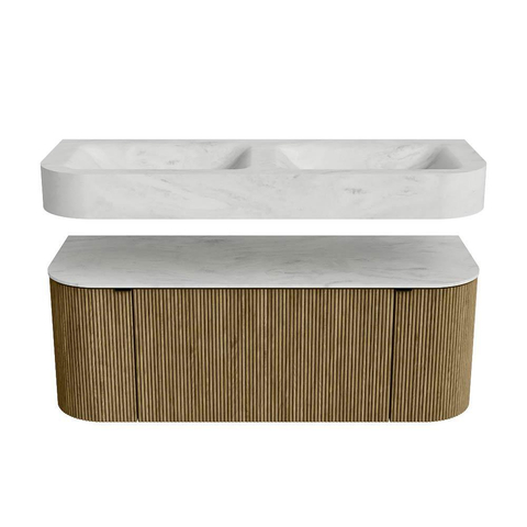 MONDIAZ THOR-DLUX Meuble de salle de bains - 120cm - arrondi gauche + droite - couleur Dusk - 1 tiroir - 2 portes - Vasque suspendue CLOUD Double sans trou de robinet - couleur Opalo SW1463284
