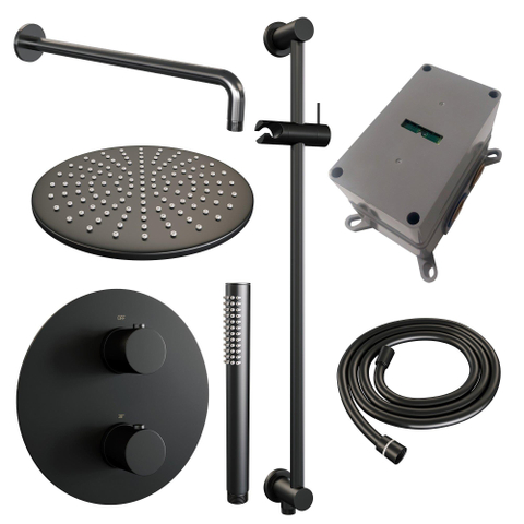 BRAUER Black Edition douche de pluie encastrée thermostatique - 3 voies - ronde - ensemble 88 - pomme de douche 30 cm - bras mural courbé - douchette barre - flexible de douche - barre de douche intégrée - noir mat SW1159211