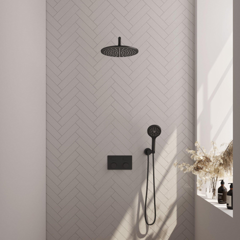 BRAUER Black Carving Douche de pluie thermostatique encastrée - boutons-poussoirs - SET 58 - pomme de douche 30cm - bras mural courbé - douchette 3 jets - flexible de douche - coude d'alimentation mural - noir mat SW925394