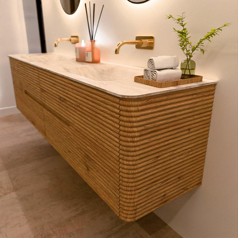 Mondiaz CIRO-DLUX Badkamermeubelset - 190x45x50cm - Solid surface wastafel Frappe - 2 wasbak Dubbel - zonder kraangaten - 4 lades - Oak SW1530783