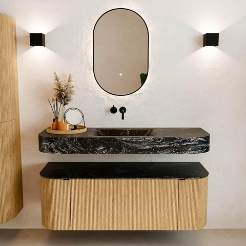 MONDIAZ THOR-DLUX Meuble de salle de bains 130cm arrondi gauche + droite couleur Oak avec 1 tiroir et 2 portes. Vasque suspendue CLOUD Milieu sans trou de robinet couleur Lava. SW1463536