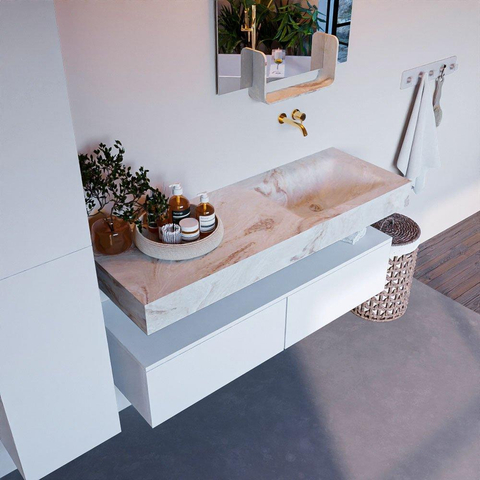 Mondiaz ALAN-DLUX Ensemble de meuble - 130cm - meuble Talc mat - 2 tiroirs - Lavabo Cloud Frappe suspendu - vasque Droite - 0 trous de robinet SW805056
