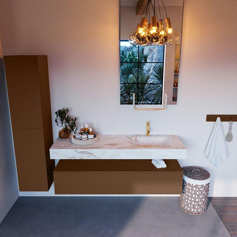 Mondiaz ALAN-DLUX Ensemble de meuble - 150cm - meuble Rust mat - 1 tiroir - Lavabo Cloud Frappe suspendu - vasque Droite - 1 trou de robinet SW805511