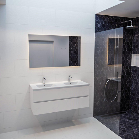 MONDIAZ VICA Ensemble de meuble salle de bain - 120cm - 2 tiroirs - lavabo Denia double 2 trous de robinet - céramique - talc SW409942