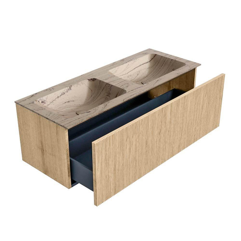 MONDIAZ KURVE-DLUX Meuble de salle de bains 120cm couleur Oak avec 1 tiroir et 0 porte. Lavabo LEAF Double sans trou de robinet Arena. SW1431116