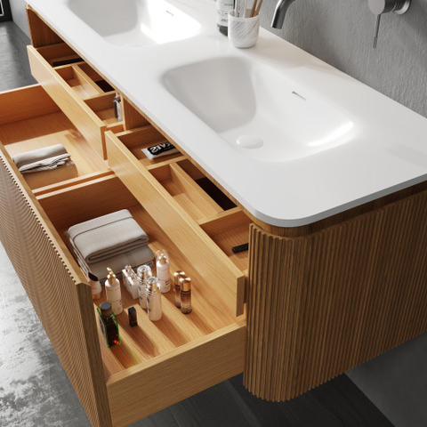 Royal Plaza Terra Edge Ensemble meuble de salle de bains - 140x45.5x46cm - vasque en céramique blanc brillant - 2 vasques - 2 trous de robinetterie - 2 tiroirs - sandwood (chêne clair) SW1471944
