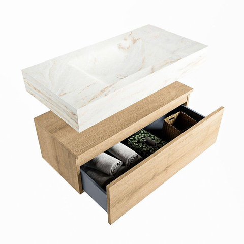 MONDIAZ ALAN - DLUX Badkamermeubelset - 90cm - onderkast - Washed Oak - 1 lade - vrijhangende wastafel - wasbak midden - 1 kraangat - Frappe SW808649