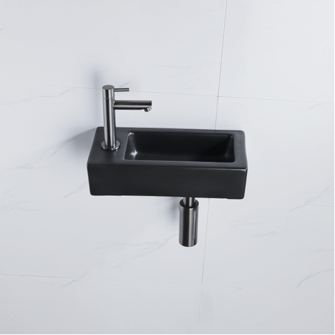 FugaFlow Efficiente Pietra Ensemble de fontaine - 37,5x18,5x9cm - céramique - trou de robinet à gauche - robinet de fontaine gunmetal - bouchon de vidange - siphon abaissé - Noir mat SW1442324
