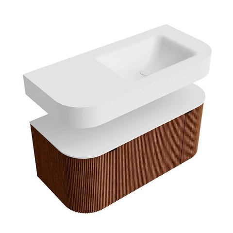 MONDIAZ THOR 100cm meuble de salle de bains arrondi gauche + droite couleur Ruby avec 1 tiroir et 2 portes. Vasque suspendue CLOUD Droite 1 trou de robinet couleur Talc. SW1467355
