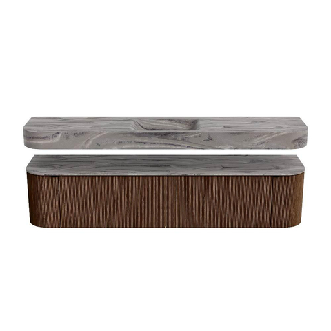 MONDIAZ THOR-DLUX 200cm meuble de salle de bains arrondi gauche + droite couleur Walnut avec 2 tiroirs et 2 portes. Vasque suspendue CLOUD Milieu sans trou de robinet couleur Sombra. SW1467271