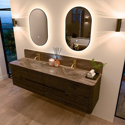 Mondiaz CIRO-DLUX Badkamermeubelset - 180x45x50cm - Solid surface wastafel Oza - 2 wasbak Dubbel - 2 kraangaten - 4 lades - Shadow SW1532668