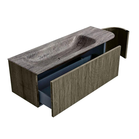 MONDIAZ KURVE-DLUX Meuble de salle de bains 135cm arrondi à droite couleur Shadow avec 1 tiroir et 1 porte. Lavabo BIG MEDIUM gauche sans trou de robinet Oza. SW1432893