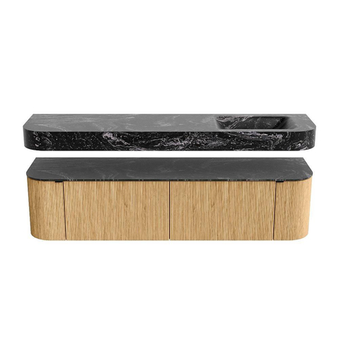 MONDIAZ THOR-DLUX 180cm badmeubel ronding links + rechts kleur Oak met 2 lades en 2 deuren. Vrijhangende wastafel CLOUD Rechts zonder kraangat kleur Lava. SW1465921