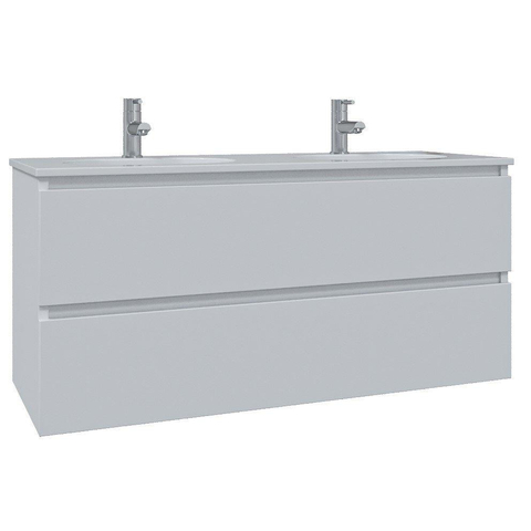Saniclass Chaci Meuble de salle de bain - 120x45x55cm - lavabo en céramique brillant blanc - 2 vasques - 2 trous de robinet - 2 tiroirs - blanc mat SW721287