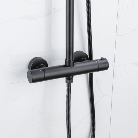FugaFlow Eccelente Ensemble de douche de tête - thermostatique - douche de tête 25cm - flexible métallique - douchette ronde - noir mat SW1451008