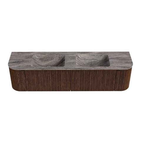 MONDIAZ KURVE-DLUX 180cm badmeubel ronding Links + Rechts kleur Walnut met 2 lades en 2 deuren. Wastafel LEAF Dubbel zonder kraangat Oza. SW1432481