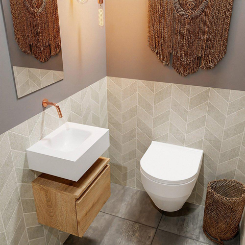 MONDIAZ ANDOR Toiletmeubel 40x30x30cm met 0 kraangaten 1 lades washed oak mat Wastafel Lex midden Solid Surface Wit SW474254