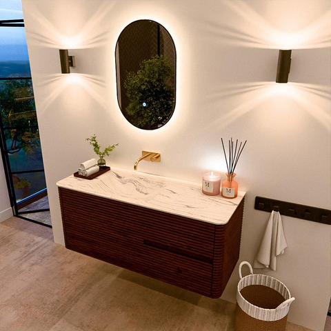Mondiaz CIRO-DLUX Meuble de salle de bains - 120x45x50cm - Plan vasque en solid surface Nata - 1 vasque à gauche - sans trous de robinetterie - 2 tiroirs - Ruby SW1532035