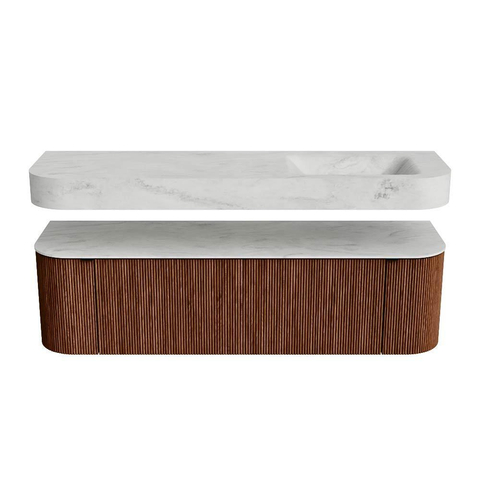 MONDIAZ THOR-DLUX 160cm meuble de salle de bains arrondi gauche + droite couleur Ruby avec 1 tiroir et 2 portes. Vasque suspendue CLOUD Droite 1 trou de robinet couleur Opalo. SW1465184