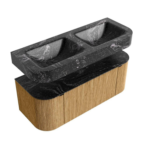MONDIAZ THOR-DLUX 120cm badmeubel ronding links + rechts kleur Oak met 1 lade en 2 deuren. Vrijhangende wastafel CLOUD Dubbel zonder kraangat kleur Lava. SW1463140