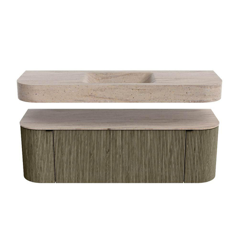 MONDIAZ THOR-DLUX 140cm badmeubel ronding links + rechts kleur Shadow met 1 lade en 2 deuren. Vrijhangende wastafel CLOUD Midden 1 kraangat kleur Saba. SW1464332