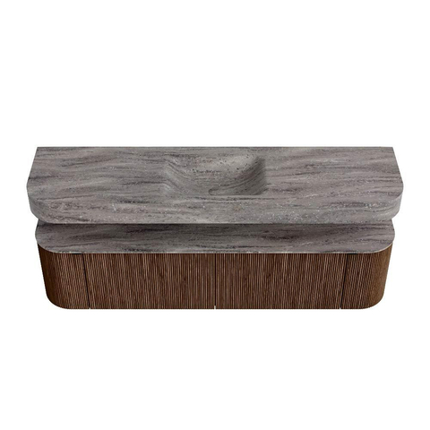 MONDIAZ THOR-DLUX 180cm badmeubel ronding links + rechts kleur Walnut met 2 lades en 2 deuren. Vrijhangende wastafel CLOUD Midden zonder kraangat kleur Oza. SW1466288