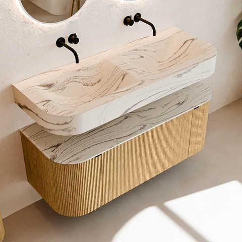 MONDIAZ THOR-DLUX 120cm badmeubel ronding links + rechts kleur Oak met 1 lade en 2 deuren. Vrijhangende wastafel CLOUD Dubbel zonder kraangat kleur Nata. SW1463371