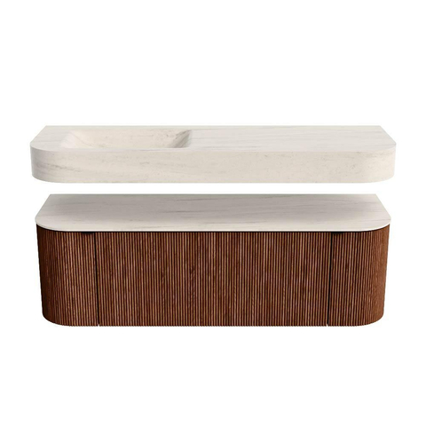 MONDIAZ THOR-DLUX 140cm meuble de salle de bains arrondi gauche + droite couleur Ruby avec 1 tiroir et 2 portes. Vasque suspendue CLOUD gauche sans trou de robinet couleur Meli. SW1464388