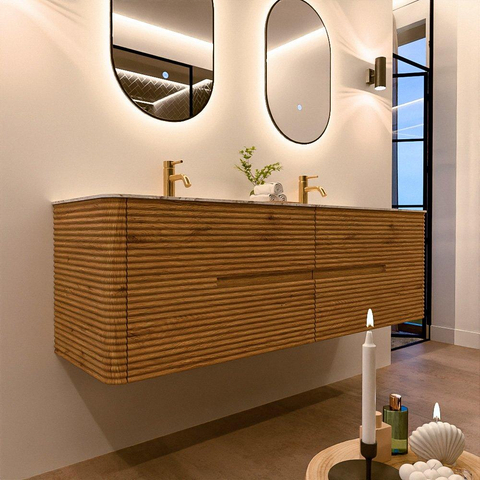 Mondiaz CIRO-DLUX Badkamermeubelset - 160x45x50cm - Solid surface wastafel Glace - 2 wasbak Dubbel - 2 kraangaten - 4 lades - Oak SW1530833
